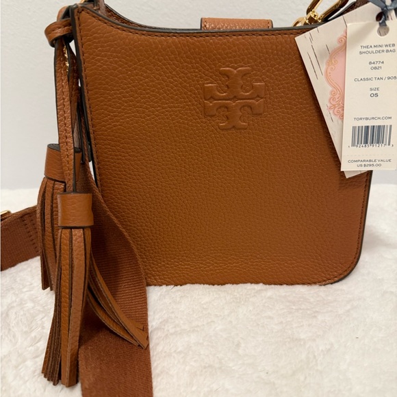 Tory Burch Mini Web Brown Pebbled Leather Crossbody Bag NWT - Picture 3 of 8